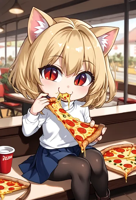 necoarc, slit pupils, cat ears, blonde hair, red eyes, chibi, :3, turtleneck, cute, blue skirt, pleated skirt, happy, pantyhose, brown footwear, (((eating a slice of pizza))), sitting in italian restaurant