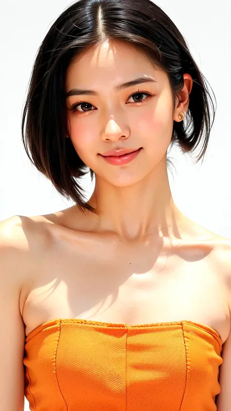 (1 woman:1.99)、(Small Face、Wide forehead、Very short hair、Very small amount of hair、Forehead、Fuji frame:1.1)、Sunburn、17 years old、Naughty、Happy expression、満面のsmile、Weakness、love、I feel very comfortable alone、(Orange halter top),((Very sleepy、Improves skin t...