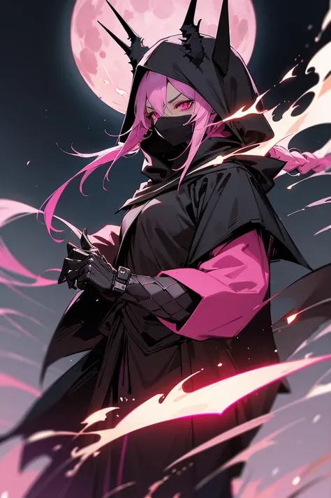 a black-robed Rogue with black armor, wearing a hood. Her hair is pink with dreadlocks, pink eyes, wearing a black mask that covers her mouth. your skin is brown. on a full moon night.
