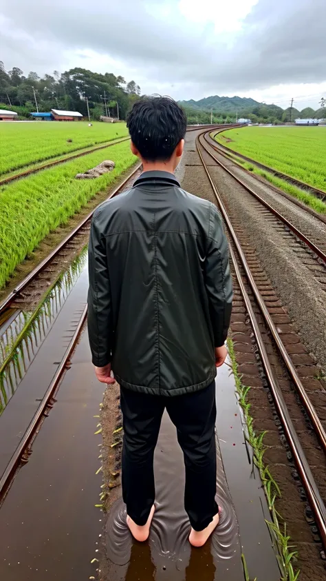 A boy age 30 with normal height and fit Thanking god pose in the paddy field behind the railway track neel down and praising god in back pose in coat and pants on a rainy day