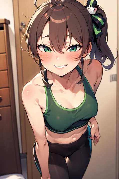 1girl, solo, detailed face,natsuiro matsuri,my room,smile,ahoge, bangs, , black ribbon, blush, , cat hair ornament,  , green eyes, green ribbon, hair between eyes, hair ornament,,looking viewer,standing,sports bra,leggings