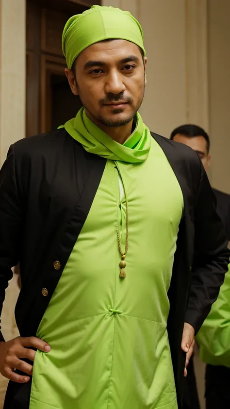 a man, Turkish headscarf, ambassador, lime green Chinese clothes, close-up, half-body