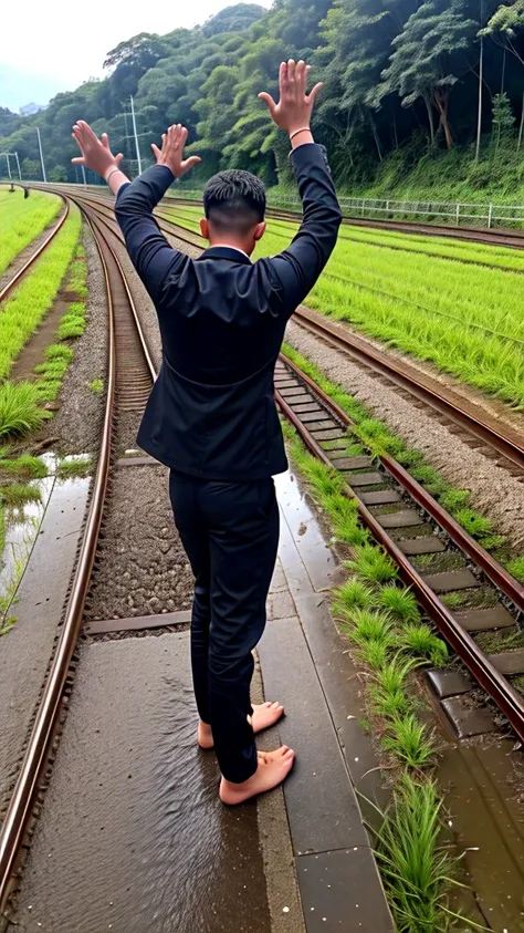 A boy age 30 with normal height and fit Thanking god pose in the paddy field behind the railway track while train on the track neel down and praising god in back pose in coat and pants on a rainy day