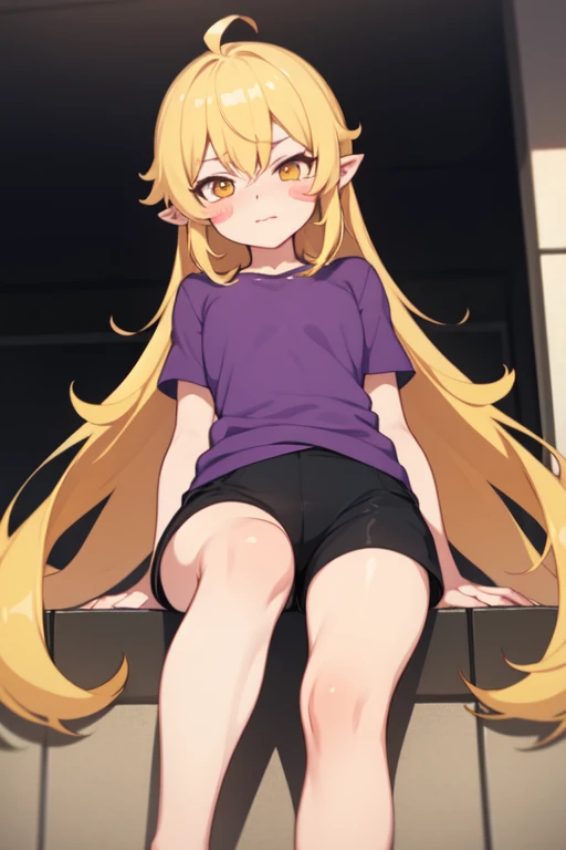 oshino shinobu,long hair,alone,blonde hair,yellow eyes,pointy ears,purple shirt,black Shorts,blush stickers,barefoot,on foot,shy,blushing,red cheeks,viewer from below,,,skinny,