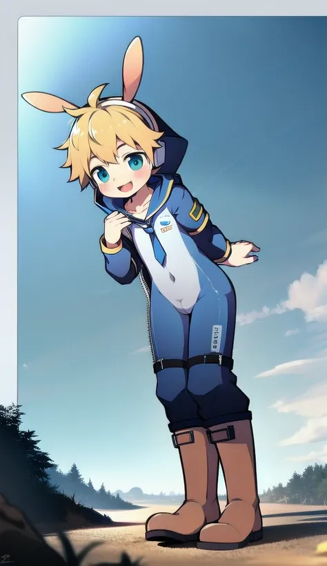 2D Boy Shota，One-piece mountaineering suit，Slim, healthy body，Put the headphones on your head，stand up，goggles，Rabbit ears，happy，Sailor collar，tie，Zipper pulled down，boots，hood