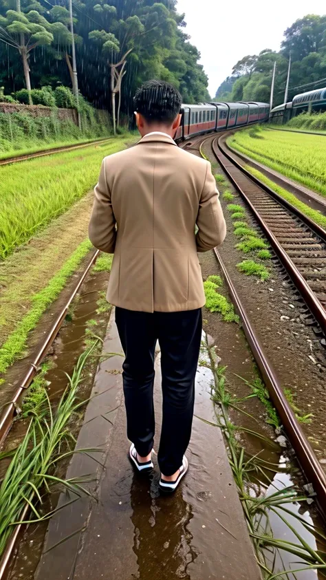 A boy age 30 with normal height and fit Thanking god pose in the paddy field behind the railway track while train on the track kneeling down and praising god in back pose in coat and pants on a rainy day