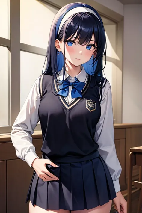 (best quality,4k,8k,highres,masterpiece:1.2), ultra-detailed, {{1girl}}, navy blue hair, blue eyes, long hair, straight hair, bangs, skinny, small breasts, beautiful detailed eyes, detailed face, hairband, sweater vest, collared shirt, bowtie, school emble...