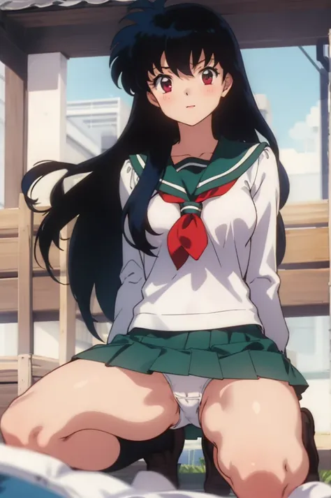 kagome, 1girl,  school_uniform, skirt,(white panties),looking viewer,open legs,spread legs