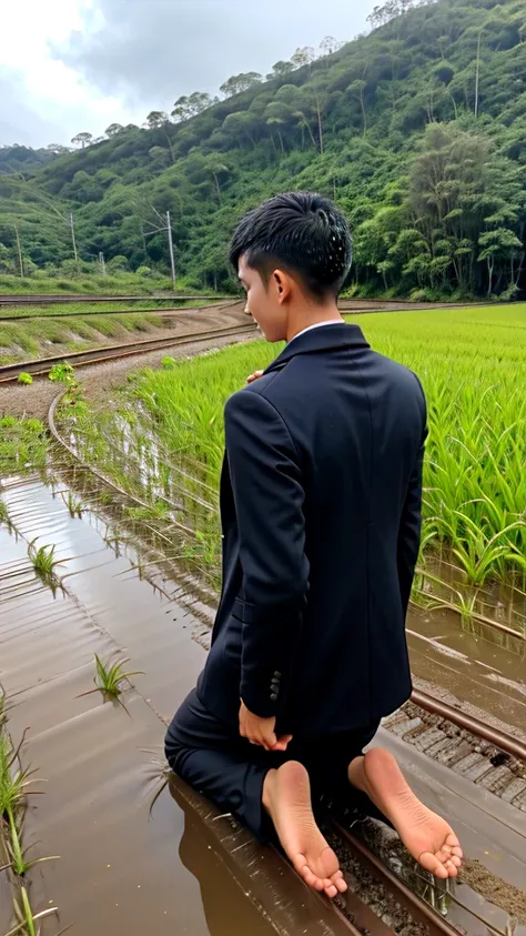 A boy age 30 with normal height and fit Thanking god pose in the paddy field behind the railway track while train on the track kneeling down and praising god by raising hands in back pose in coat and pants on a rainy day