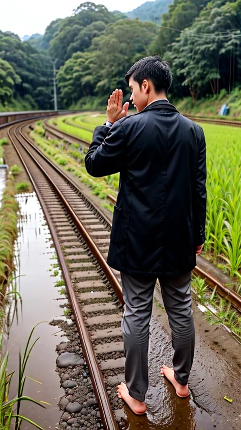 A boy age 30 with normal height and fit Thanking god pose in the paddy field behind the railway track while train on the track kneeling down and praising god by raising hands in back pose in coat and pants on a rainy day