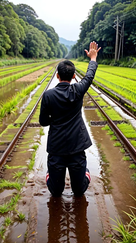 A boy age 30 with normal height and fit Thanking god pose in the paddy field behind the railway track while train on the track kneeling down and praising god by raising hands in back pose in coat and pants on a rainy day