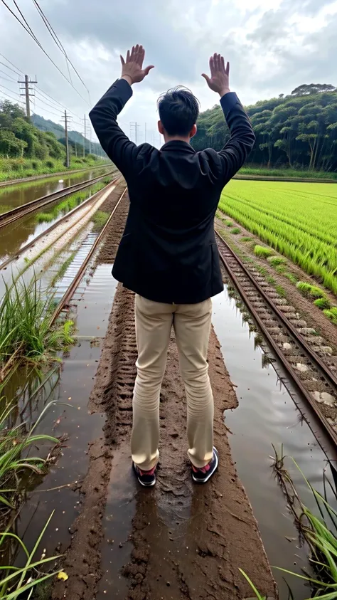 A boy age 30 with normal height and fit Thanking god pose in the paddy field behind the railway track while train on the track kneeling down and praising god by raising hands in back pose in coat and pants on a rainy day