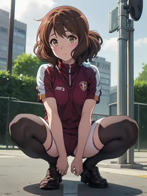 (Realistic, photo Realistic:1.2), ((Highest quality)), Shift the center of gravity backwards, Quite embarrassing, You_Kumiko_Sound Euphonium, brown_hair, short_hair, brown_eye, blush, Seraphim, 前hair, Bloomers, Gym suit, sports boots, (Sit on the ground:1....