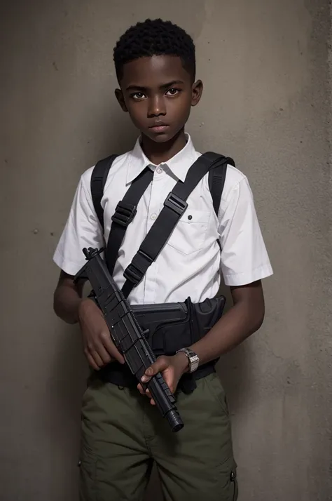 It depicts a dark-skinned boy holding an AK-47 in his hand 
