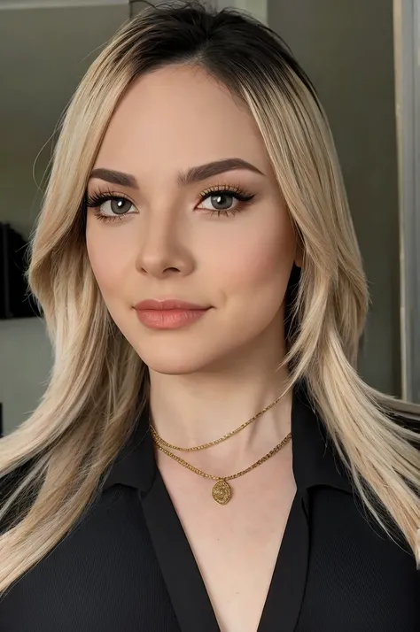 a close up of a woman with a black shirt and a necklace, thick fancy makeup, wearing professional makeup, sultry gaze, sexy face with full makeup, gold and black makeup, with professional make-up, full face close up portrait, wearing gold detailed choker, ...