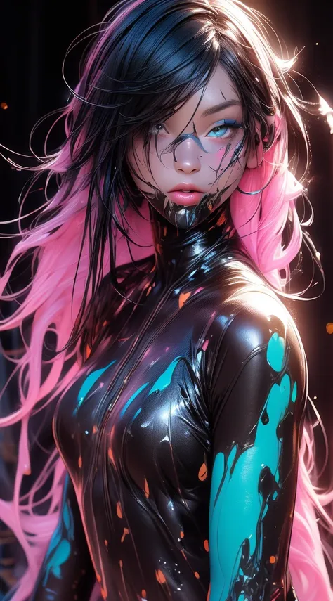 (Paint splashes)，body paint, body art, paint covered her body, black paint, lamplight，the girl，Look at the camera，big round eyes, Cutes, sexy pose, nude body, above the knee shot