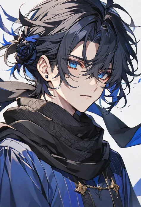 Solo, male, black hair, blue eyes, blue dress, black scarf, black roses