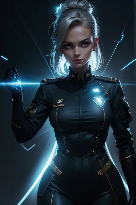 A woman in military uniform, with eyes glowing with electricity. Rays of electrical energy emanate from your hands, illuminating the environment around you. The uniform is modern and stylized, with technological details and military insignia. Dark backgrou...