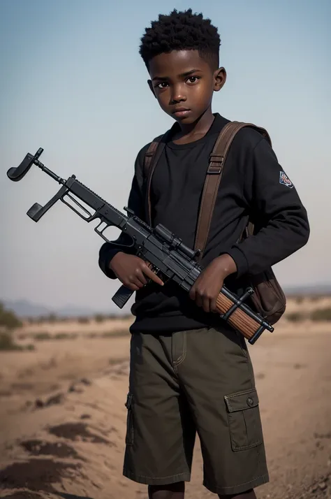 It depicts a dark-skinned boy holding an AK-47 in his hand 
