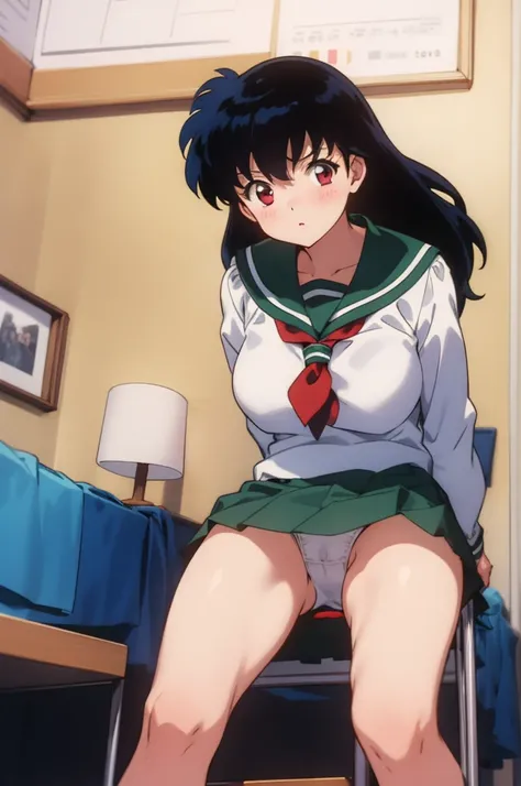 kagome, 1girl,  school_uniform, skirt,(white panties),looking viewer,open legs,spread legs,my room,big breasts