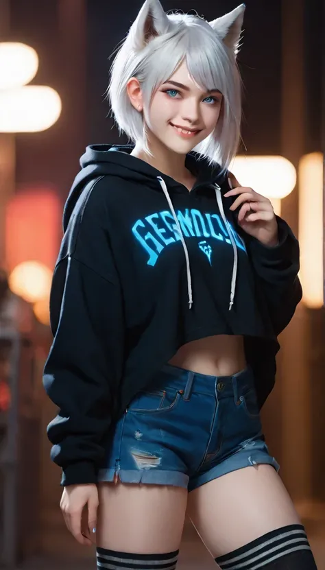 score_9_up, smile, tomgirl, (with white hair, short punk hairstyle), (shy, cute face expression, has glowing blue eyes), (wolf ears, wolf tail), calm pose, (wearing denim short shorts and a cropped black hoodie), (curvy body), (wearing thigh high socks), s...