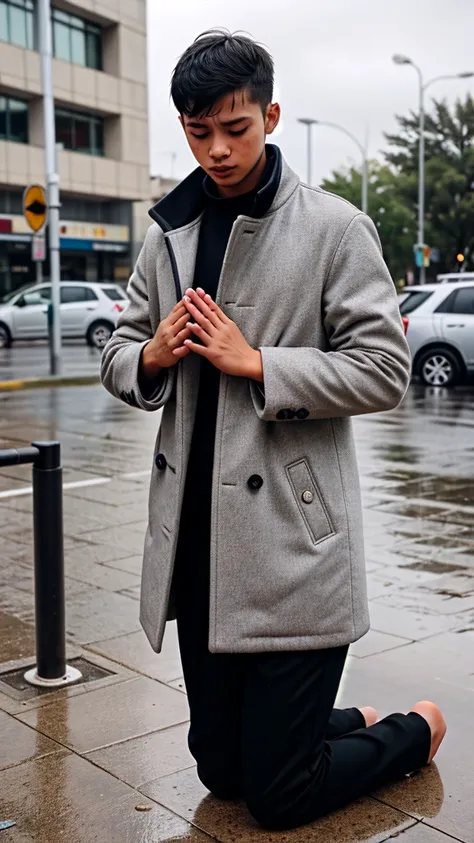 A boy age 30 with normal height and fit  kneeling down and prayering in coat and pants on a rainy day