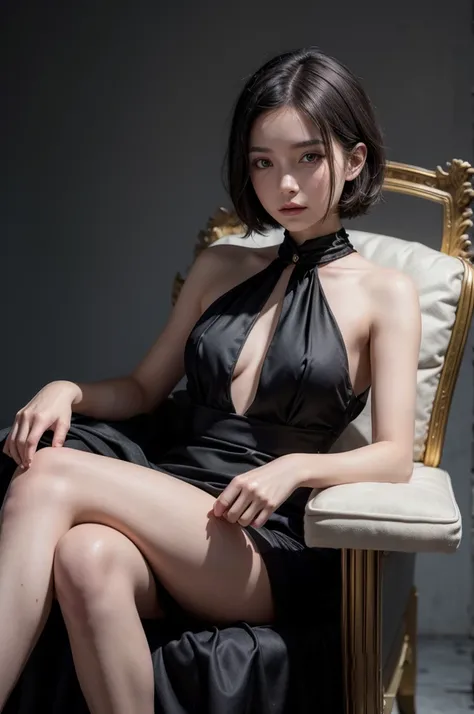 young, elegant girl in a black dress and short hair sitting on a throne 