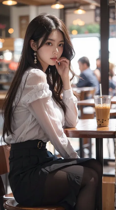 Beautiful Japanese Waifu, early 30s, brunette hair, sitting in a coffee shop with a cup of bubble tea