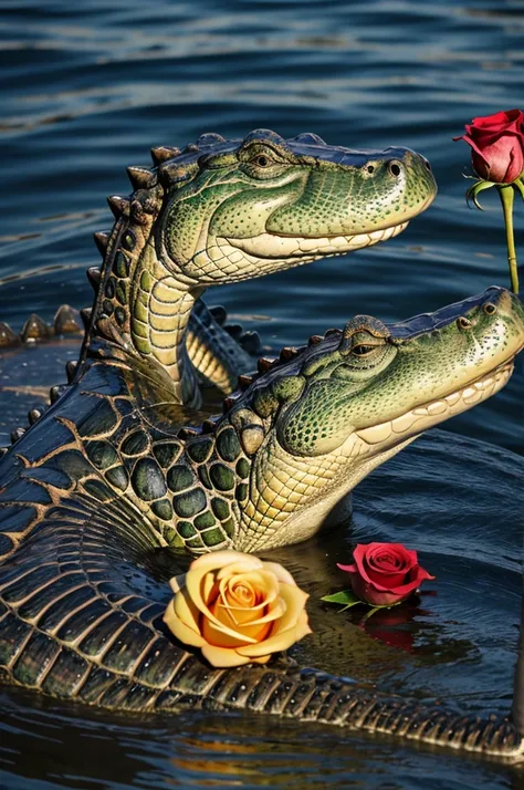 Gentle beautiful gator with a rose on a sunny day 