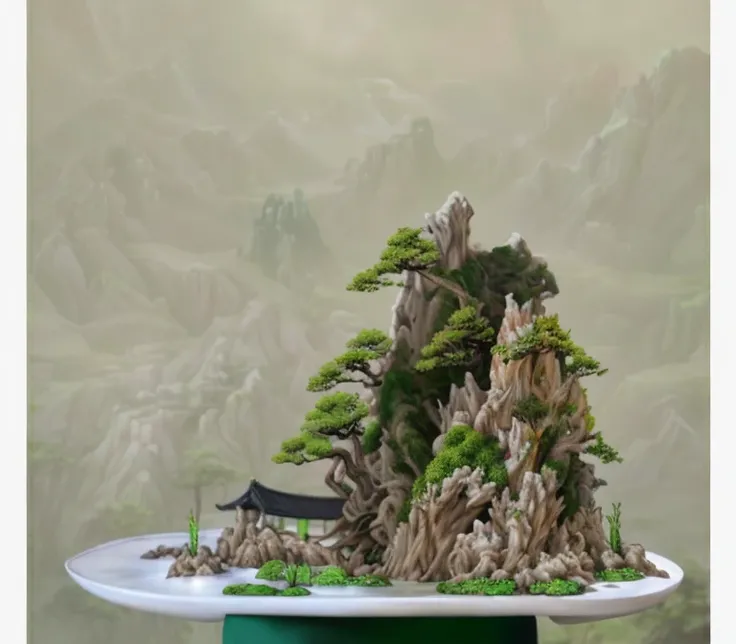 best quality, realistic, photorealistic, coral cave with mountains with divine bonsai trees at the top of the mountain stems pointing sideways and downwards, green, yellow, "wrapped around with white roots with many roots wrapped around" mountain mountains...