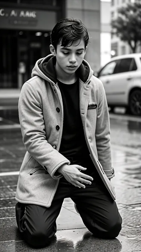 A boy age 30 with normal height and fit  kneeling down and praying in coat and pants with humble on a rainy day black and white photo