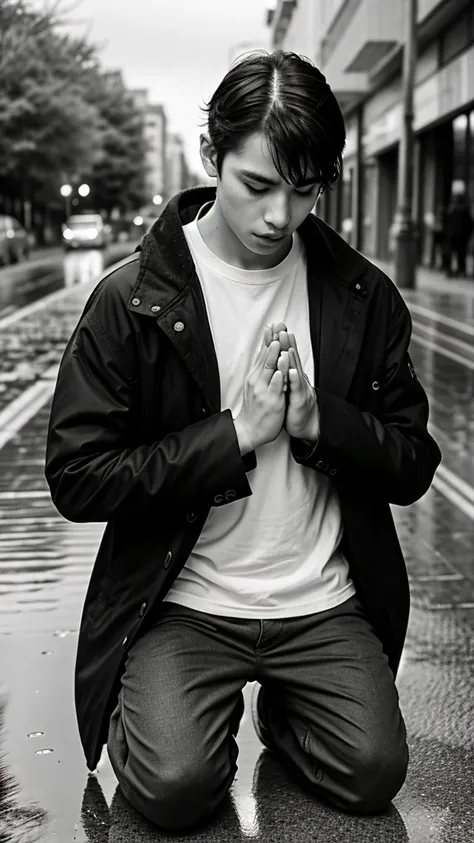 A boy age 30 with normal height and fit  kneeling down and praying in coat and pants with humble on a rainy day black and white photo