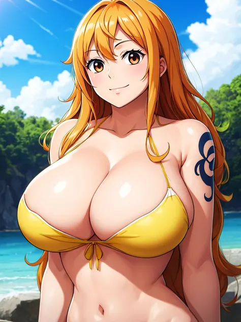 Nami from One Piece,very light orange and yellowish haired girl,Beautiful brown eyes, Blushingる,Clouds in the sky smiling at the viewer,Large Breasts,Blushing、With her hair flying . She should be wearing ancient Greek clothing..The art style should resembl...