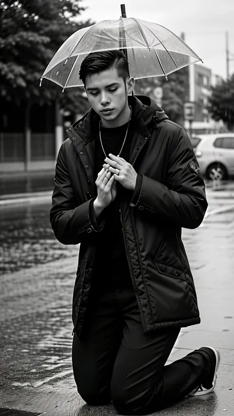 A boy age 30 with normal height and fit  kneeling down and praying in coat and pants with humble on a rainy day black and white photo in bottom put some music symbols 