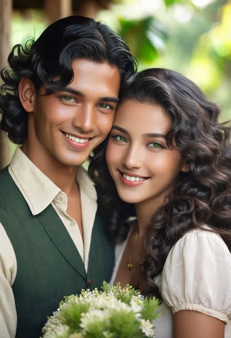 Sakimichan style. wlop style, portraite, beautiful couple with well-defined faces, beautiful long curly hair, skin tanned, brazil, 1936, 40s, hugging a boy with green eyes, Bblack hair, beautiful smile on perfect lips, rustic setting with mandacarus and fl...