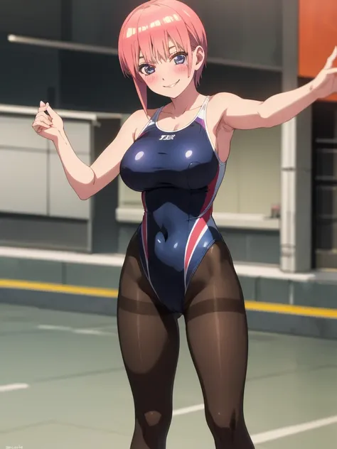 best quality, masterpiece, high quality, insanely detailed, ichika nakano, one-piece swimsuit, breasts, pantyhose, blush, smile, standing