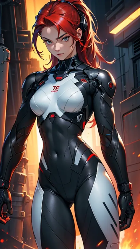 Beautiful 18yr old cybernetic girl detailed muscles realistic masterpieces full figure pose (best quality,ultra-detailed), unique red hair, fair skin, fit body, slim figure, narrow waist, (cocky expression), black carbon fiber cybernetic mobile combat suit