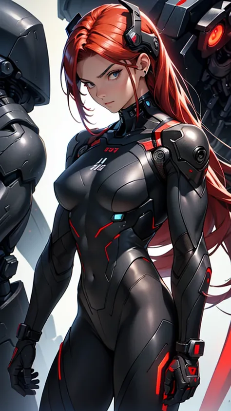 Beautiful 18yr old cybernetic girl detailed muscles realistic masterpieces full figure pose (best quality,ultra-detailed), unique red hair, fair skin, fit body, slim figure, narrow waist, (cocky expression), black carbon fiber cybernetic mobile combat suit