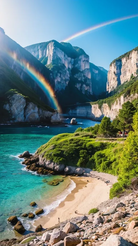 there is a rainbow in the sky over a beach with rocks and pebbles, seashore, Alpine Forest Landscape Photo，Steep mountain roads，Clear and transparent lake，wood，Bushes，Fallen leaves，Dawn Sun，Kasumi，Cliffs and mountains，Dilapidated，Lonely，cold，Foggy sky，Not ...