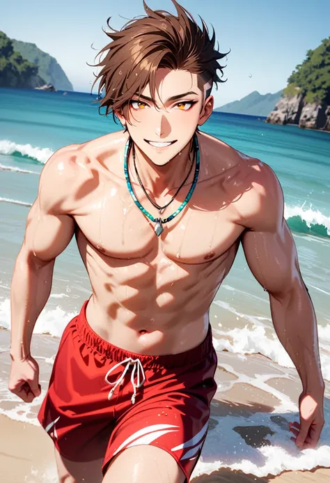 A young man, 21-years-old, solo, Caucasian, mature face, wild spiky undercut brown hair, orange eyes, daring smile, mouth open, no shirt, shirtless, red swimming trunks, thin silver necklace, beach, walking, covered in water, wet