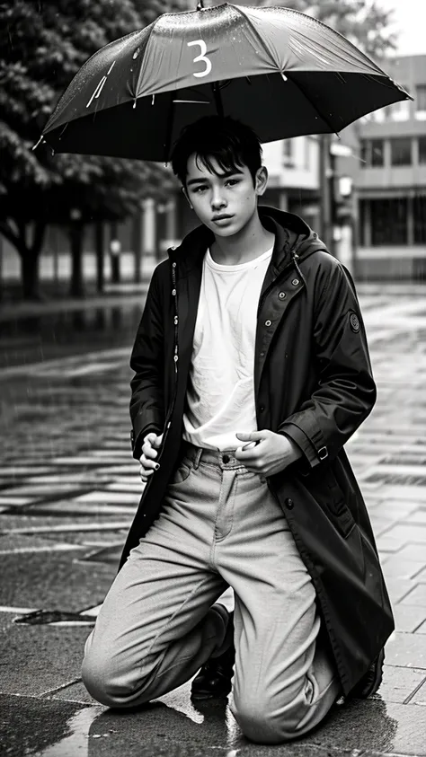 A boy age 30 with normal height and fit  kneeling down and praying in coat and pants with humble on a rainy day black and white photo 