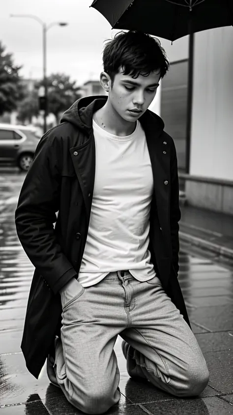 A boy age 30 with normal height and fit  kneeling down and praying in coat and pants with humble on a rainy day black and white photo 