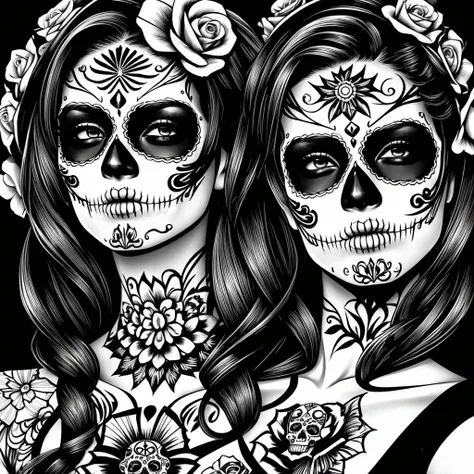 A Visually Stunning Sugar Skull Latina Day of the Dead. work of art, beautiful art work, ultra detaild, best qualityer, intrincately detailed, super fine details, clean line art, photorrealistic, monochrome, por artgerm, mcbess, Yoji Shinkawa