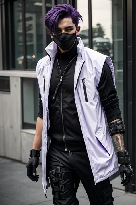 1boy, purple hair, domino mask, black mask, massive white jacket, tactical vest, baggy black pants, cybernetic arm