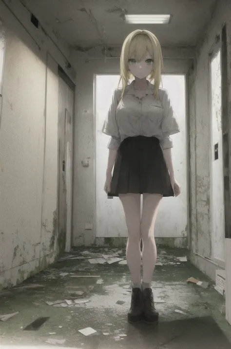 Girl with blonde hair and green eyes in the middle of an abandoned hospital