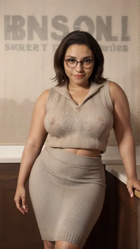 mirabel madrigal,  glasses, smile, ((sleeveless sweater)), market background, (((pencil skirt))), (((brown skin))), detailed skin, perfect legs, perfect thighs, (((curvy body))), BIG BREASTS, NUDE  INVITING TO SEX