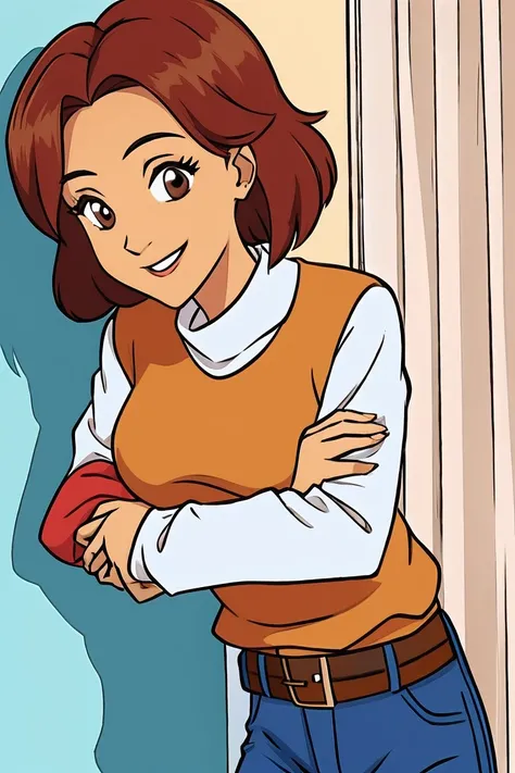 in.I.t.C.h., adult girl, Brown eyes, wide, Red hair, perfect body, White skin, whole body, orange sweater, blue jeans pants with belt, hugging, smiling, , Brown eyes, short hair, Brown hair, White skin, whole body, white shirt blue stripes, long brown shor...