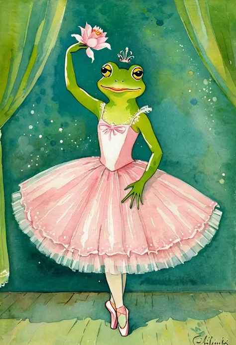 Old vintage card Acting painting, A frog dressed as a ballerina by Anna Silivonchik
