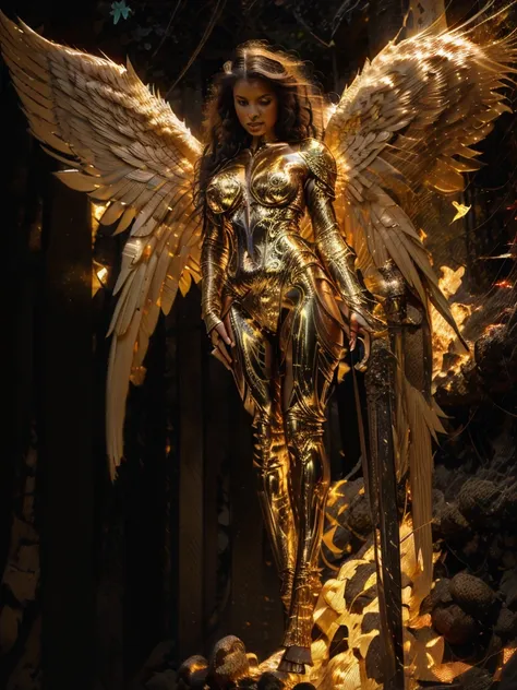 (naked angel girl)), big gold robotic angel wings, ((jungle above)),  (best quality, 8k, masterpiece: 1.3)), sharp focus: 1.2, f...