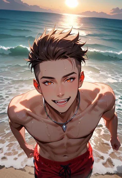 A young man, 21-years-old, solo, Caucasian, mature face, wild spiky undercut brown hair, orange eyes, daring smile, mouth open, no shirt, shirtless, red swimming trunks, thin silver necklace, beach, walking, facing upwards, looking away from viewer, wet